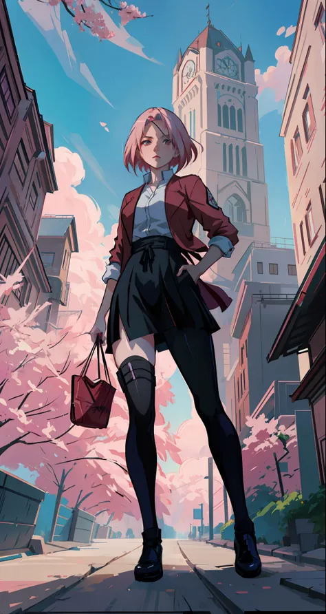 Sakura haruno, seductive, ((forehead the show)), attractive, sexy eyes, red coat with akatsuki clouds, pink hair, delicate, young, short hair, detailed face, high definition, full body, from League of Legends, trend in artstation, by rhads, andreas rocha, ...