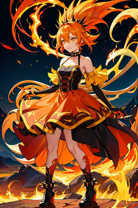 duck, (monster girl), short yellow hair made of flames, fiery, yellow skin, orange spikes, long yellow tail tipped with flame, o...