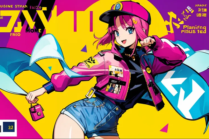 1girl, sfw, cap, shorts, jacket, (magazine cover-style illustration of a fashionable woman in vibrant outfit posing in front of ...