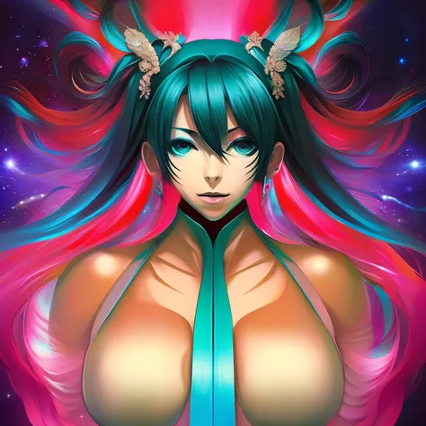 Hatsune Miku, face by artgerm, symmetrical eyes, galaxy, andy warhol, amazing, symmetrical, galaxy, gothic, character concept, oil painting, portrait, symmetrical body, body only, seductive