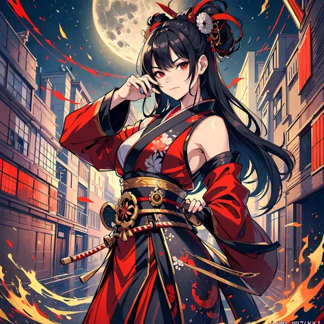 ((high quality)), ((masterpiece)), 8k,artwork, realistic, extremely detailed, samurai, geisha, warrior, black hair, flowing hair...