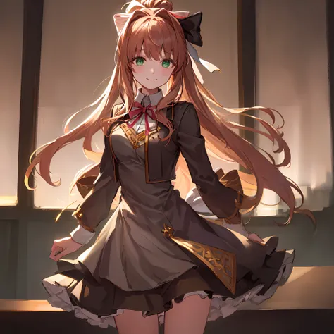 monika in an office, beautiful lightning, bokeh, dress, alternate clothes, chest accesories, ornate dress, fashion dress, sun ra...