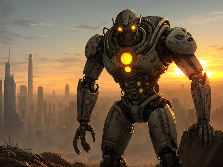 bio mechanical hydraulic humanoid cyborg arthropod in a postapocalyptic wasteland, sunset, cyber weapons