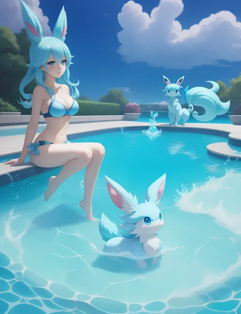 there is a very cute pokemon figure sitting in a pool, a pastel by shitao, pixiv, furry art, a glaceon ice princess, water type,...