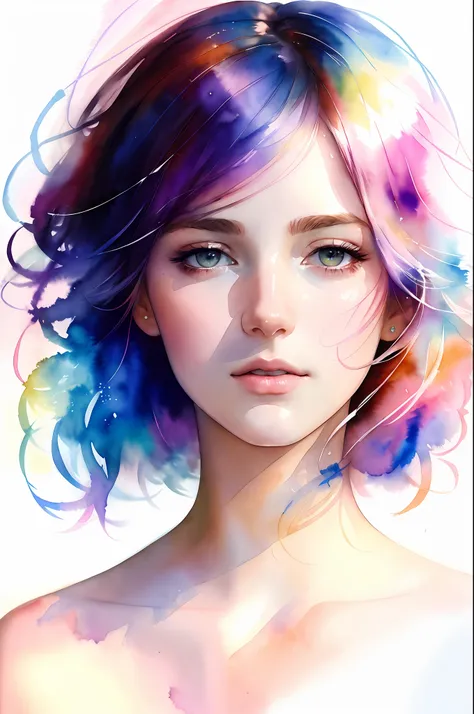 (8k, best quality, masterpiece:1.2),(best quality:1.0), (ultra highres:1.0), watercolor, a beautiful woman, shoulder, hair ribbo...