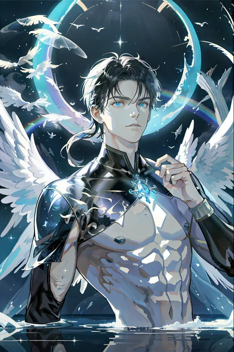 masterpiece, best quality, 1 male, adult, mature, tall muscular guy, shirtless, angel wings, Dark theme, Magic circle, bubble, rainbow Sunlight, Underwater, Reflected mirror, floating piece of Glass, Rainbow light, Bubble Swirling, wind Swirling, Aurora, f...