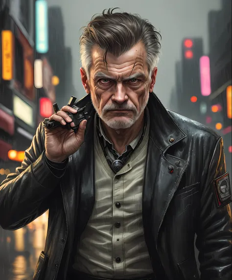 masterpiece, high detail, trending on artstation, realistic, detailed face, overall, a photo of a cyberpunk private detective, o...