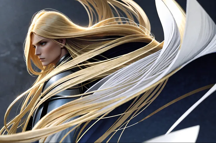 man with long blonde hair. the strands of her hair are flying with the wind. he wore a shiny gold armor and very luxurious. ( ve...