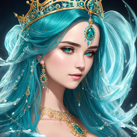 Portrait of a beautiful and elegant jeweled face and crown Water Goddess with teal hair and with cute face, transparent background, perfect composition, hyperrealistic, super detailed, 8k, high quality, trending art, trending on artstation, sharp focus, s...
