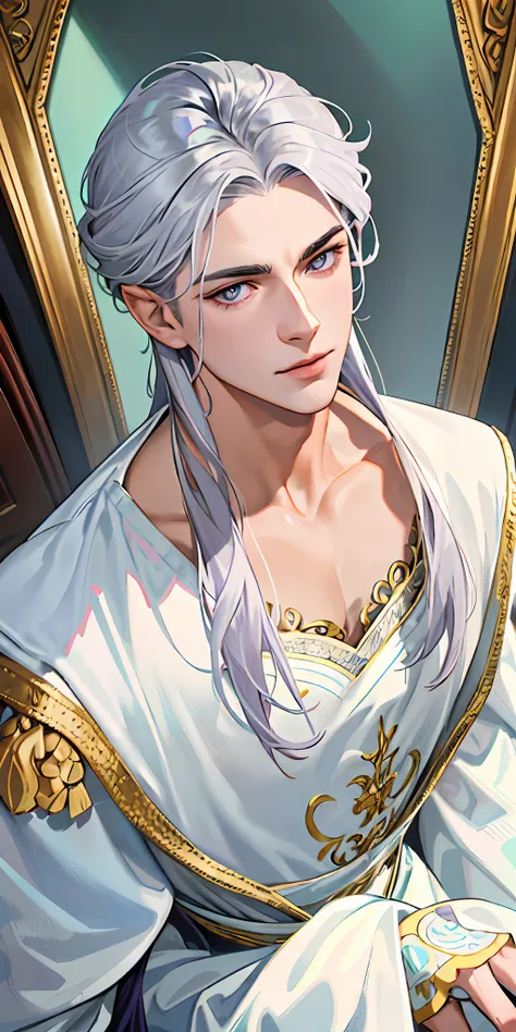 best image quality, 4k, masterpiece, male, silver hair, purple gemstone colored eyes, handsome mature gentle and handsome, godly...