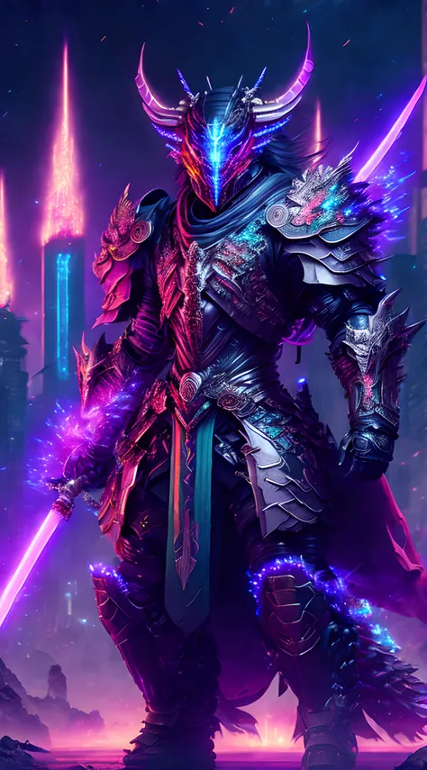 ((best quality)), ((masterpiece)), (detailed),a futuristic cyborg samurai, adorned with bioluminescent nanotech armor, wielding ...