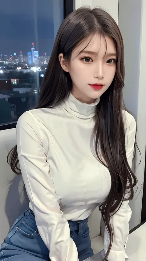 (8k, best quality, masterpiece: 1.2), (realistic, realistic:1.37), ultra-detailed, 1 girl, cute, solo, beautiful detailed sky, detailed café, evening, sitting, dressed conservatively, dating, perfect figure, (wearing conservative, turtleneck shirt 1:1) (no...