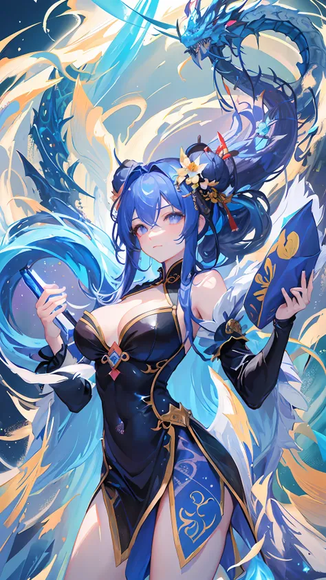 masterpiece, best quality,Chinese fairy, 1girl(loli) and iris blue dragon, Chinese dragon pan glaring at girl, bun, dark gray background,