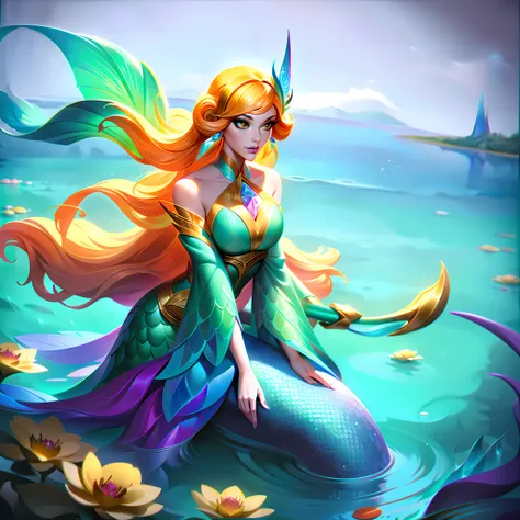 nami from league of legends, but with long, curly blonde hair holding her staff with flowers encrusted so that they look like th...