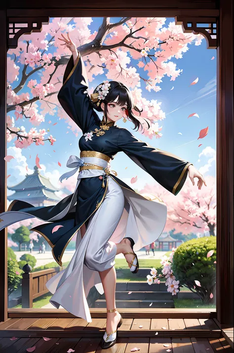 A Chinese woman, dressed in Hanfu, standing in an ancient garden, dancing, falling petals, leaves, exquisite pavilion, afternoon soft light, particles, UHD, masterpiece, high resolution, high quality, best quality, award-winning, 8k