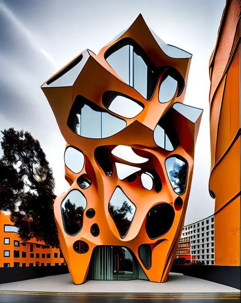 a photo of a orange parametric building  midjourneyi, geometric, in a street.