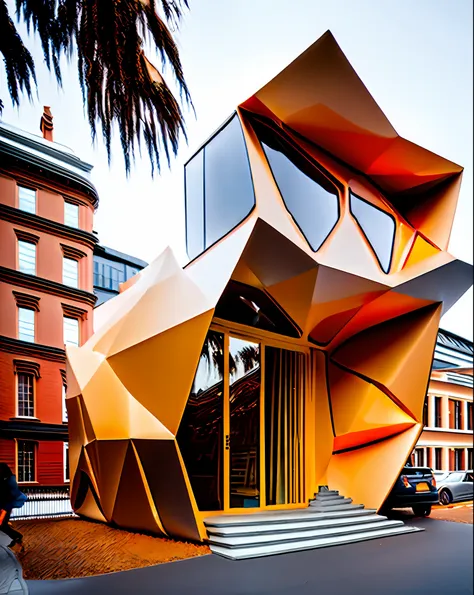 a photo of a orange parametric building  midjourneyi, geometric, in a street.