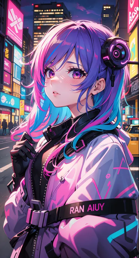 1girl,creative hair,rainbow hair,city streets,fisheye,neon cold lighting, cyberpunk, blush, waist shot,detailed face details,dyn...