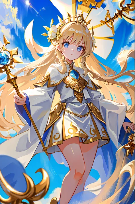 masterpiece, best quality, ultra-detailed, goddess, white robe, long hair, gold hair, staff, sun shine, blue sky