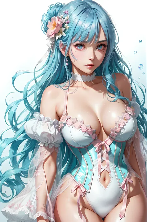 ethereal vampire, soft tan skin, blue hair, ruby eyes, pink corset, white tight clothing, thigh-highs, bubble butt, huge breasts, starlight, cotton candy, lolita fashion, thighs, artstation, trending, ultra HD, 4k, detailed anatomy, (shiny skin), ((oiled s...