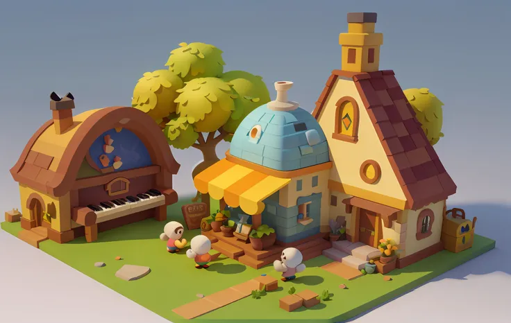 cartoon, architecture, pixar style, cartoon style, polygon, game architectural design, fantasy, charming concert hall, grand piano, bar, table, musical instrument, stone, brick, grass, flower, trees, casual game style, creative, best detail, 3d, blender, masterpiece, best quality, cartoon rendering, 8K
