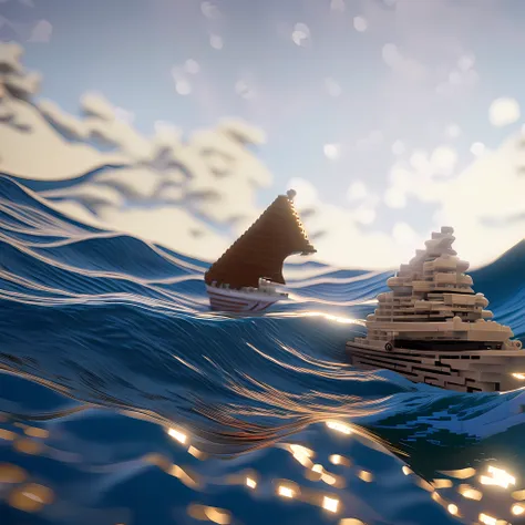 voxel,great wave, lego style, a sailboat on the wave, building blocks, plastic material, dynamic lighting, octane render, unreal...