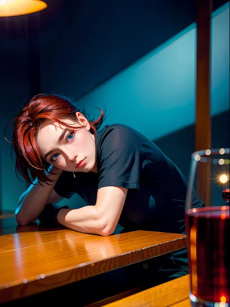 a drunk, lying on the table, lots of wine, bar, mystery, anime visuals, bauhaus art, dramatic lighting, high resolution