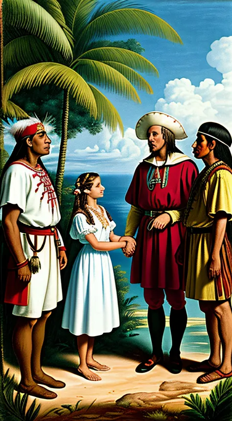 historical scene of christopher columbus in explorer attire, meeting native americans dressed in traditional clothing, in a lush...