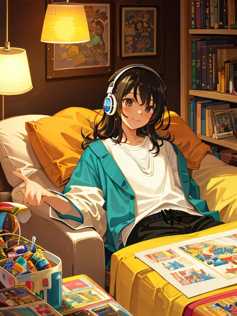 Masterpiece, best quality, super detailed, illustration, 2girls, sitting, fun, game, messy room, teen, 15 years old, relaxed, comfortable, relaxed, cheerful, loving, love, friendship, cute, touch, computer game, controller, smile, joy, laughter, comfort, s...