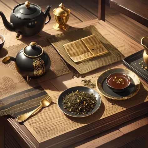 tea bags wrapped in black and gold are placed on the table with tea leaves scattered next to them --auto --s2