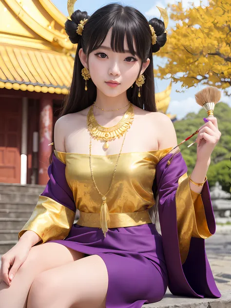 1girl, (ulzzang-6500:0.7), kpop idol, yae miko, detached sleeves, bare shoulders, gold hair, long hair, thai clothes, best quality, (painting:1.5), (hair ornament:1.35), jewelry, purple eyes, earrings, breasts, torii, cherry blossoms, lantern light, dept...