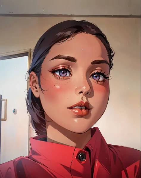 (masterpiece),(best quality:1.0), (ultra highres:1.0), detailed illustration, 8k, anime, 1girl, beautiful anime girl, wearing a red shirt, pretty face, detailed face, beautiful eyes, detailed eyes, dark eyes, pretty makeup, subtle smile, lips closed, brigh...