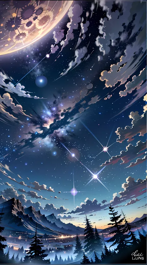 ((a illustration of a very vast fantastic starry sky and mysterious landscape)), masterpiece, break , best quality, ultra detail...