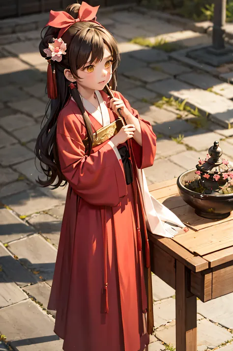 masterpiece, superb piece, hanfukozue, 2girl, brush, long hair, bun, bun, hanfu, brush, bangs, solo, brunette hair, jewelry, lon...