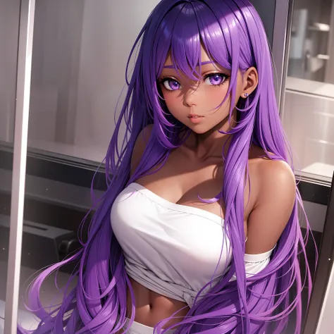 girl, dark skin, purple colored eyes, space, purple hair, blue hair, pink hair, long hair, sexy, coffee