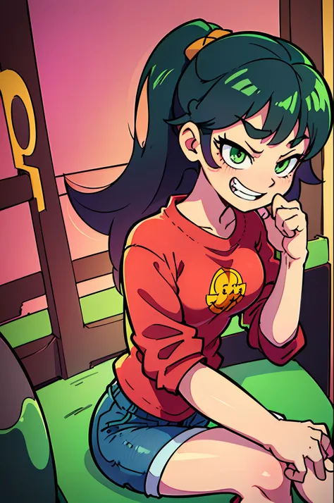 masterpiece, high quality, (anime), best quality, 1girl, very detailed eyes and face, loose red shirt, dynamic light, ((((close-up))), ponytail hair, (pink background: 1.1), (((green eyes))), dark hair, ((((red shirt)))), ((yellow logo)), denim shorts, aqu...