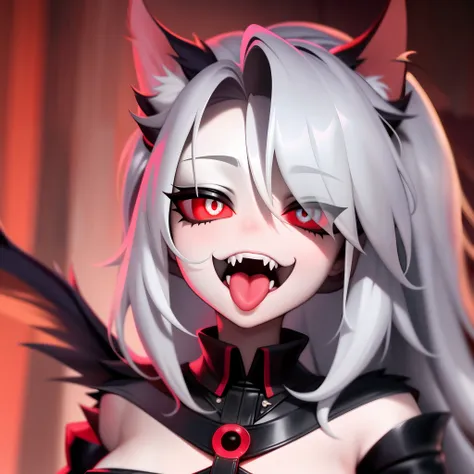 portrait of loona hellhound, red sclera, slit pupils, white eyes, front view, open mouth, tongue,