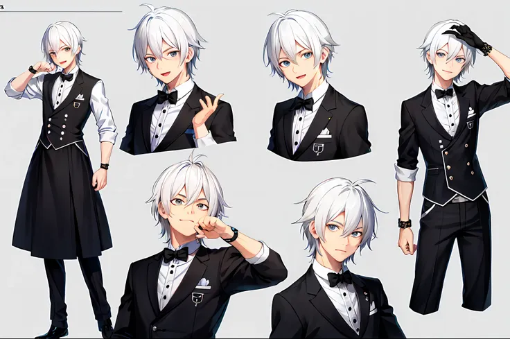 cute white haired boy, emoji pack, 9 emoticons, emoji sheet, multiple poses and expressions, anthropomorphic style, disney style...