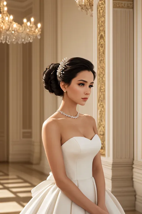 1girl in a modern, elegant ball gown, styled with a sleek updo and minimalist jewelry. She should have a confident, regal expression. The background is a luxurious modern palace, with clean lines, high ceilings, and extravagant chandeliers. The photo should be shot in high definition, with a sharp focus on the subject and a soft, blurred background for a captivating portrait