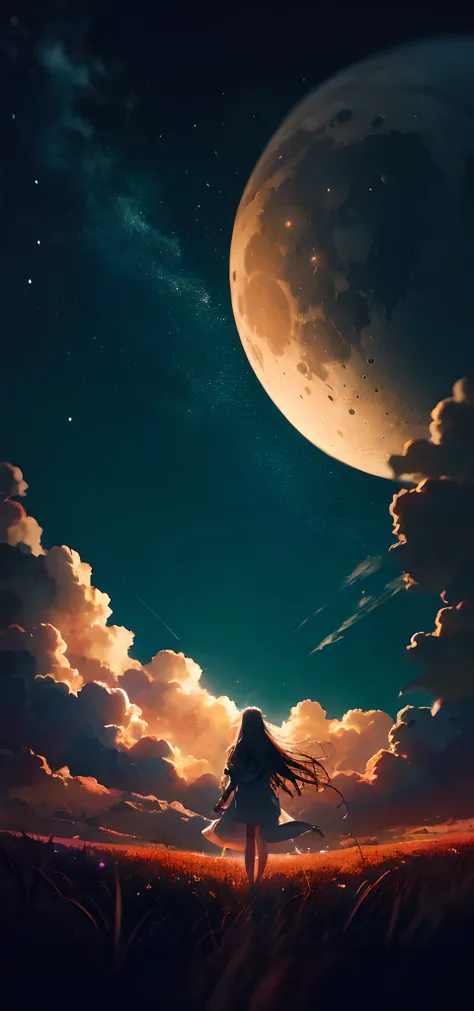 anime style painting of a completely nude woman with very long hair, walking in a field with a star in the sky, calm night, view from below, focused from woman butt to the moon, digital illustration, jen bartel, background artwork, 4 k hd illustrative wall...