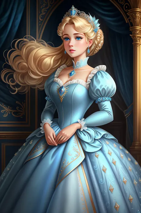 best quality, ((masterpiece)), portrait, cinderella dressed in a stately and elaborate ballgown with huge puffed sleeves, ((perf...