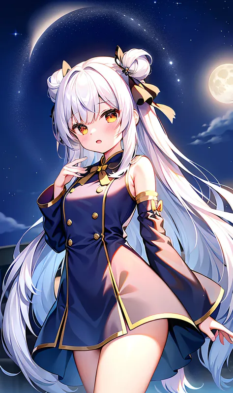 1girl, moon, bird, star_\(sky\), long_hair, starry_sky, (((white_hair))), animal, wide_sleeves, night, flower, night_sky, holdin...