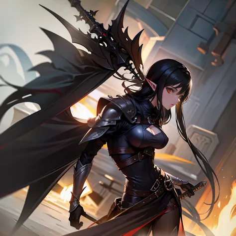 medieval elf girl warrior with long black hair, black armor, sword and shield.