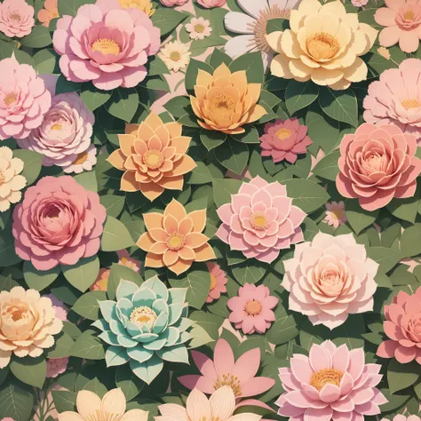 Set pattern of large flowers with plants, defined shape, flat style, vector style, drawing style, naïve style, wallpaper style, in soft pastel colors such as old pink, pastel blue, light blue, beige, pastel violet, pastel yellow and white. No shadows in the images.