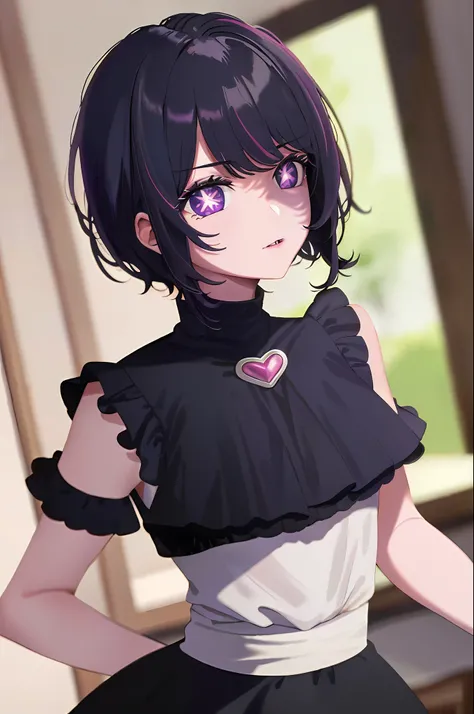 Masterpiece, Top Quality, Super Detail, Beautiful Lighting, 1 Girl, Goth, French Maid, Black Hair, Short Hair, Purple Eyes, Black Eyeliner, Black Lips, Piercing, Spiked Color, Watch Viewers