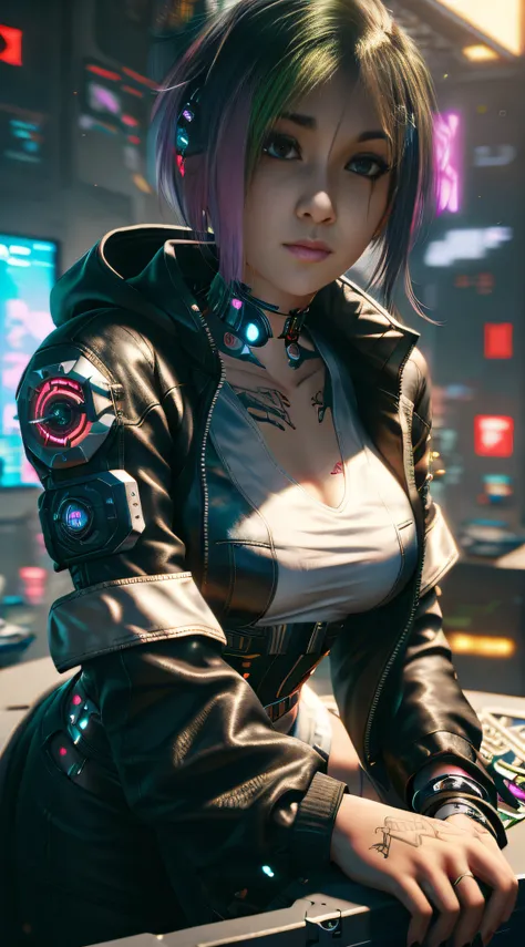 arafed woman in a futuristic outfit sitting on a table, cyberpunk art ultrarealistic 8k, cyberpunk 2 0 y. o model girl, hyper-re...