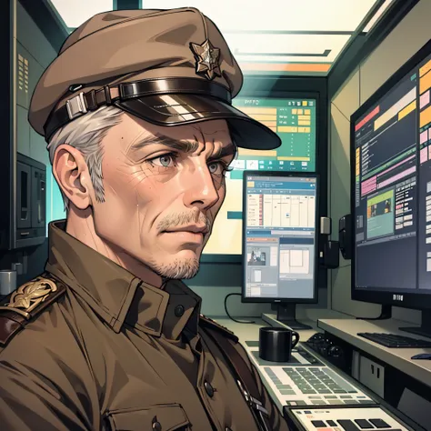 older man, wrinkled, fine eyes, brown military uniform, looking at screen, with hat, control room background, sad