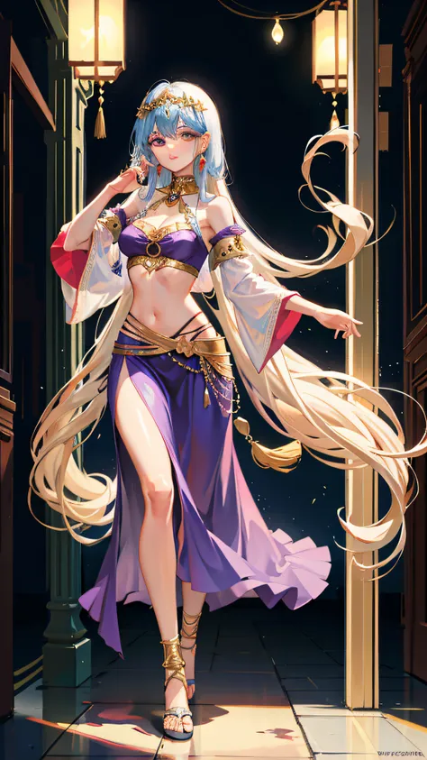 Gypsy; Gypsy girl, tall, long hair, wearing a long skirt, full body, bare waist, mature