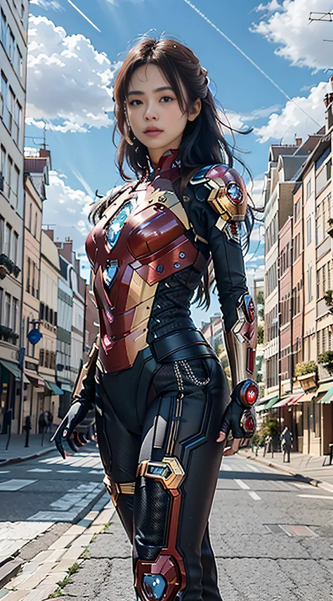 Realistic movie scene of a 20-year-old woman standing full body in a cyberpunk barren with stunning cloudscapes. (wearing an Iron Man mech) on her insanely complex anatomically adapted (graphene: 1.1) biomechanically symmetrical arms and biomechanically sy...