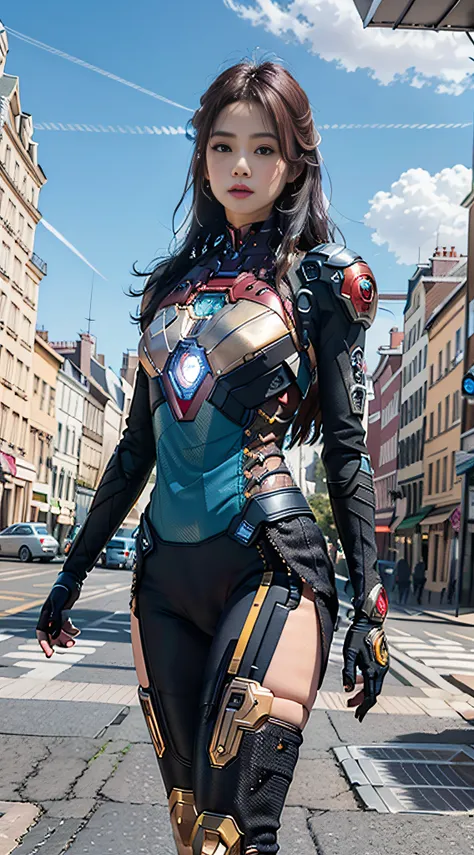Realistic movie scene of a 20-year-old woman standing full body in a cyberpunk barren with stunning cloudscapes. (wearing an Iron Man mech) on her insanely complex anatomically adapted (graphene: 1.1) biomechanically symmetrical arms and biomechanically sy...